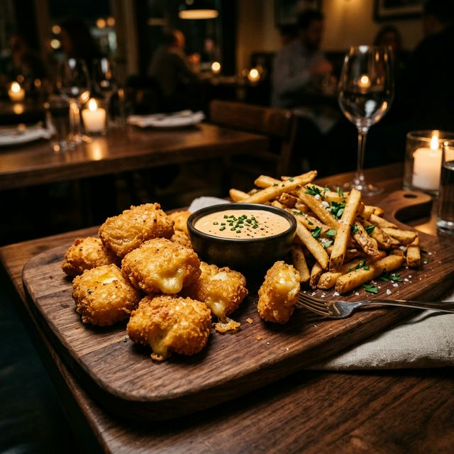 Nughete de cascaval cu cartofi pai și sos