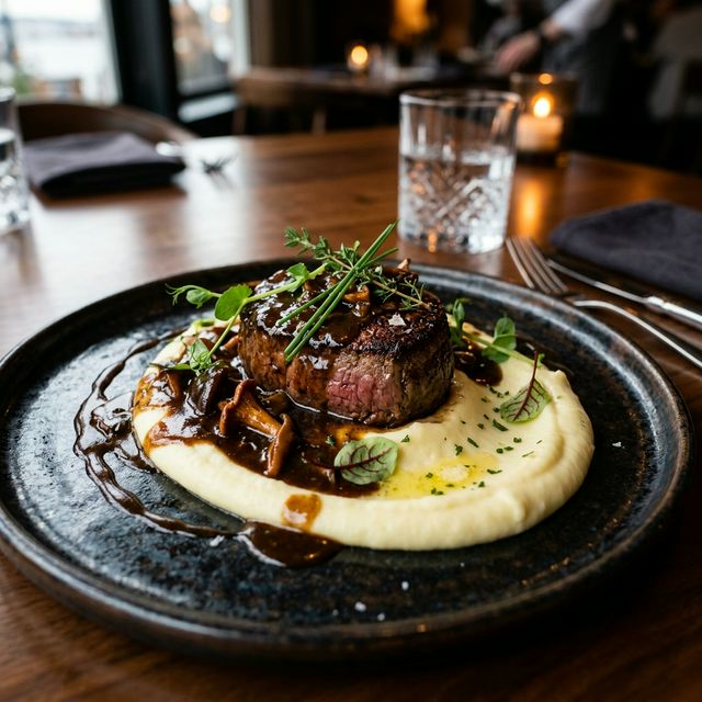 Medalion de vită cu piure de cartofi și sos de ciuperci