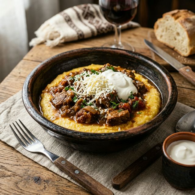 Mămăligă cu tocană de porc, brânză & smântână